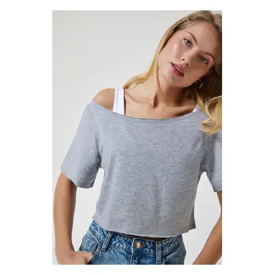 Happiness İstanbul Women's Gray Melange Boat Neck Basic Crop Knitted T-Shirt