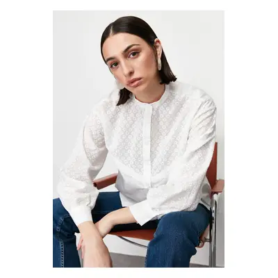 Trendyol Ecru Brode Lace Detail Cotton Woven Shirt