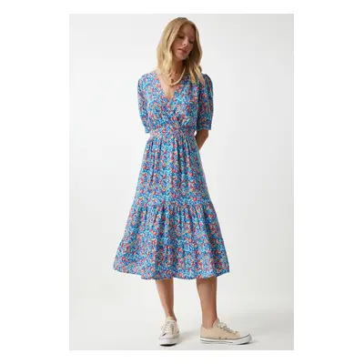 Happiness İstanbul Women's Pink Blue Wrap Collar Floral Summer Viscose Dress