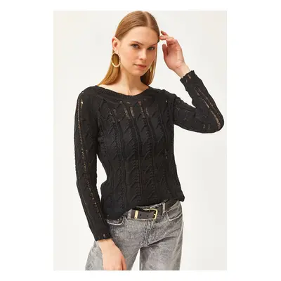 Olalook Women's Black Hair Knit Detail Seasonal Knitwear Blouse