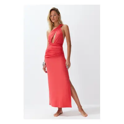 Trendyol Beachwear Red Fitted Maxi Knit Cut Out/Window One Shoulder Dress