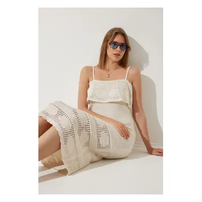 Happiness İstanbul Women's Cream Strap Openwork Summer Knitwear Dress