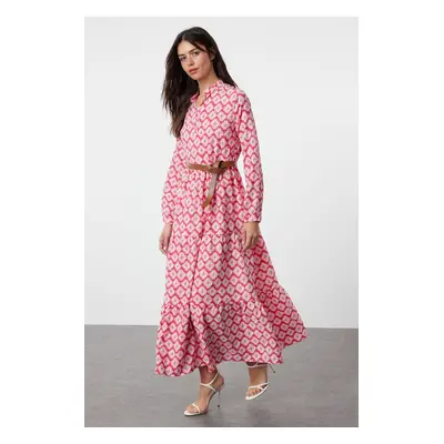 Trendyol Fuchsia Belted Skirt Flounced Floral Patterned Lined Woven Dress