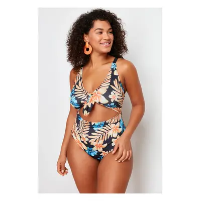 Trendyol Curve Blue Deep V Cut Out Tie Detail Floral Patterned Plus Size Swimsuit