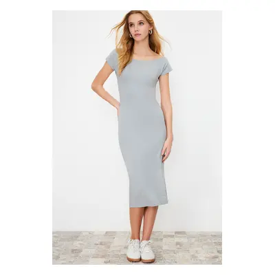 Trendyol Gray Boat Neck Fitted Cotton Stretchy Knitted Midi Pencil Dress