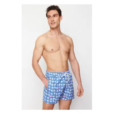 Trendyol Blue Standard Fit Palm Tree Patterned Swim Shorts