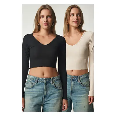 Happiness İstanbul Women's Black Cream V-Neck 2-Pack Crop Knitted Blouse