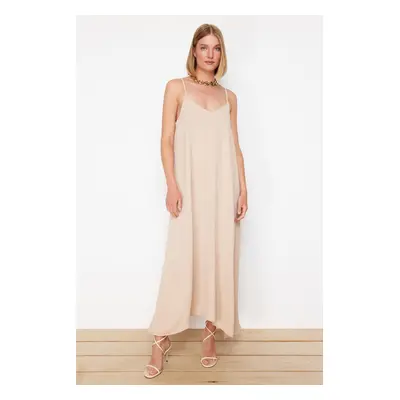 Trendyol Stone Straight Cut V-Neck Maxi Woven Dress