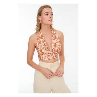 Trendyol oranžová halter top halenka s potiskem, přiléhavá, super krátká, pružná úpletová halenk