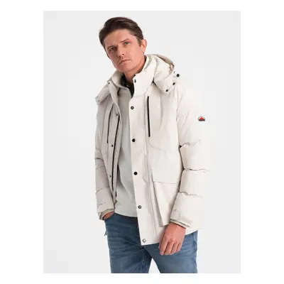 Ombre Men's winter jacket with detachable hood and cargo pockets - cream