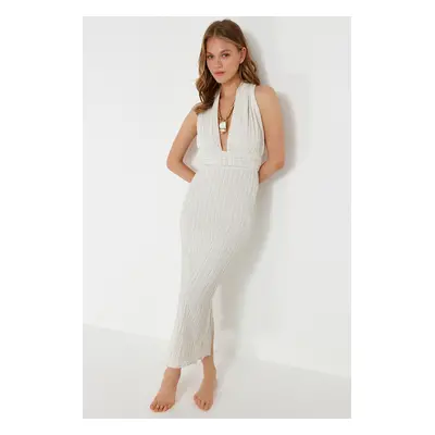 Trendyol Ecru Maxi Woven Back Low-cut Linen Blended Beach Dress