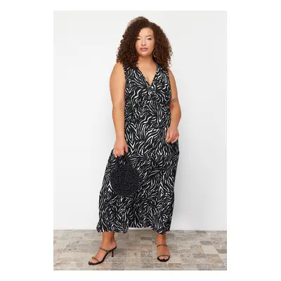 Trendyol Curve Black A-line Animal Patterned V Neck Knitted Plus Size Dress