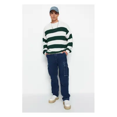 Trendyol Dark Green Casual Oversize Fit Wide Pattern Crew Neck Striped Knitwear Sweater