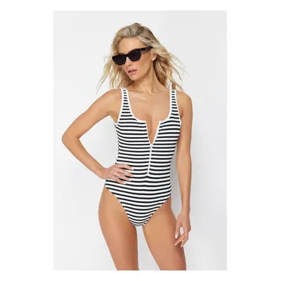 Trendyol Black-White Zippered Textured Regular Swimsuit