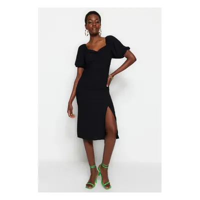 Trendyol Black Fitted Midi Woven Woven Dress with Slit Back Detail