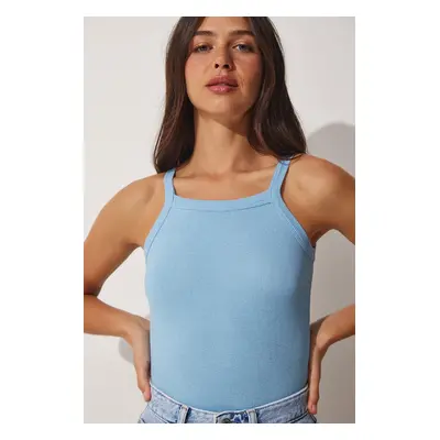 Happiness İstanbul Women's Sky Blue Ribbed Crop Barbell Neck Knitted Undershirt