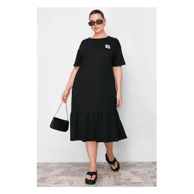 Trendyol Curve Black Gathered and Label Detailed 100% Cotton Knitted T-shirt Dress