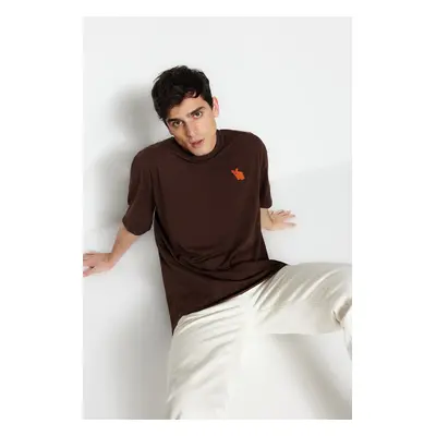 Trendyol Brown Oversize/Wide Cut Animal Embroidered Short Sleeve 100% Cotton T-Shirt