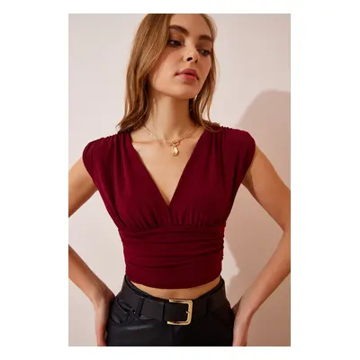 Happiness İstanbul Women's Burgundy Deep V Neck Crop Sandy Knitted Blouse