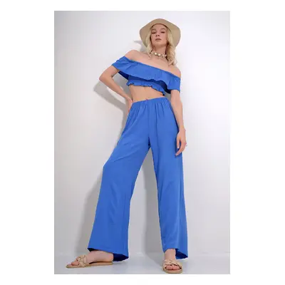 Trend Alaçatı Stili Women's Saxe Blue Madonna Collar Gimped Crop Blouse And Palazzo Pants Woven 