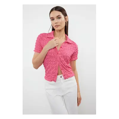 Trendyol Fuchsia Textured Fitted Short Sleeve Stretchy Knitted Blouse