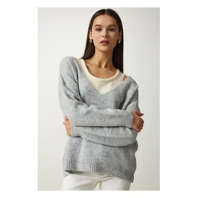 Happiness İstanbul Women's Gray Shirt Soft Textured Double Knitwear Sweater