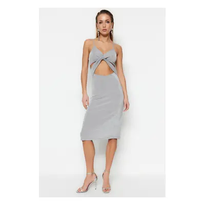 Trendyol Gray Fitted Evening Dress with Window/Cut Out Detailed in Knitting