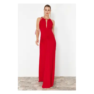 Trendyol Limited Edition Red A-Cut Window/Cut Out Detailed Knitted Evening Long Evening Dress