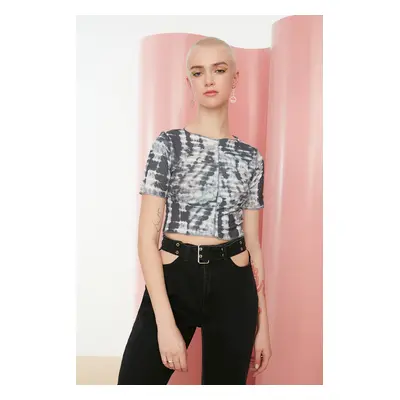 Trendyol Anthracite Tie-Dye Printed Fitted/Skinned Crop Crewneck Flexible Knitted Blouse