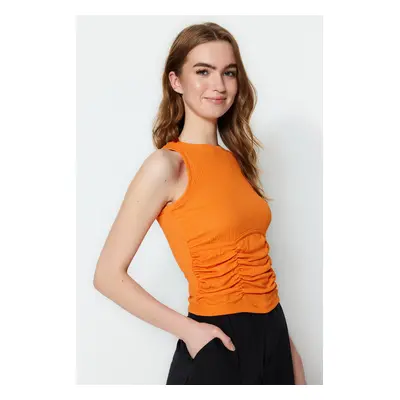 Trendyol Orange Shirring Detail Crispy Crop, Knitted Blouse