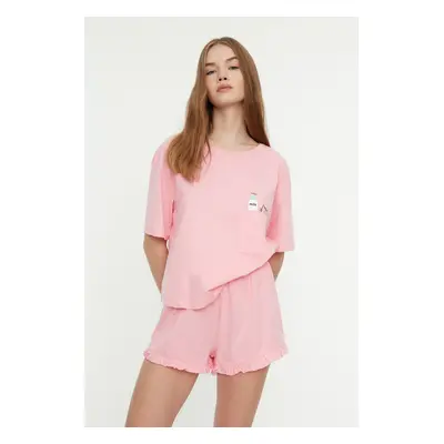 Trendyol Pink Cotton Frilly Printed Knitted Pajamas Set