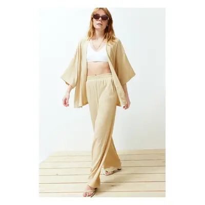 Trendyol Stone Relaxed/Comfortable Cut Knitted Kimona Trousers Top-Bottom Set