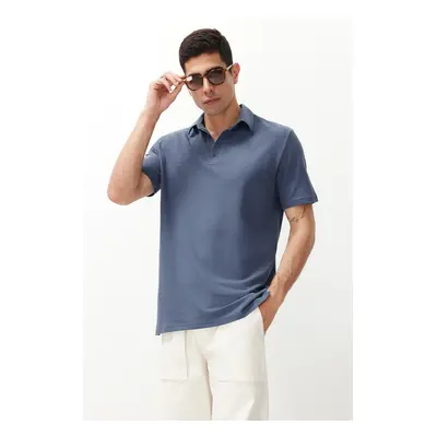 Trendyol Indigo Relaxed/Comfortable Cut Textured 100% Cotton Polo Neck T-shirt