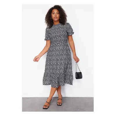 Trendyol Curve Black High Collar Animal Patterned Balloon Sleeve Long Woven Dress