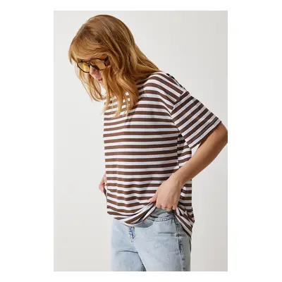 Happiness İstanbul Women's Brown Crew Neck Striped Oversize Knitted T-Shirt