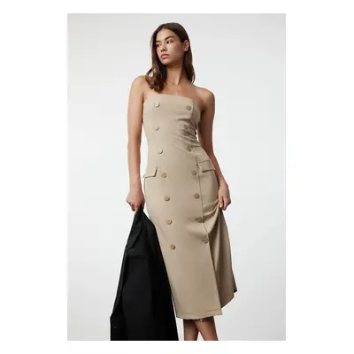 Trendyol Stone Straight Cut Button Detailed Strapless Midi Woven Dress