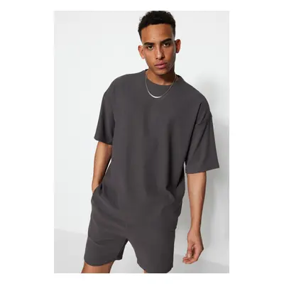 Trendyol Limited Edition Basic Smoke Oversize/Wide Cut Textured Wrinkle-Free Ottoman T-Shirt