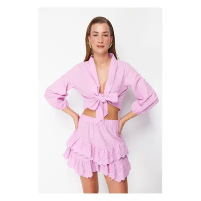 Trendyol Pink Crop Woven Tie Beach Blouse