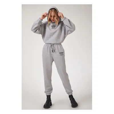 Happiness İstanbul Women's Gray Fleece Printed Tracksuit Set