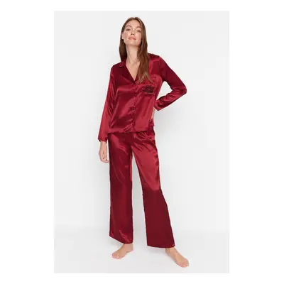 Trendyol Burgundy New Year Themed Embroidered Satin Woven Pajama Set