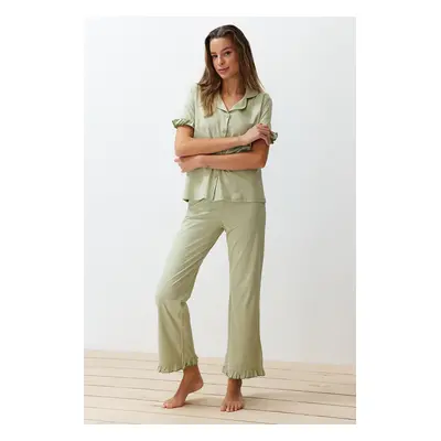 Trendyol Mint 100% Cotton Ruffle Detailed Knitted Pajama Set