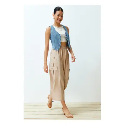 Trendyol Beige Pocket/Cargo Detailed Drawstring Midi Length Woven Skirt