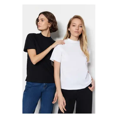 Trendyol White-Black 2-Pack 100% Cotton Basic Stand Up Collar Knitted T-Shirt