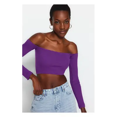 Trendyol Purple Fitted Super Crop Carmen Collar Ribbed Stretch Knitted Blouse