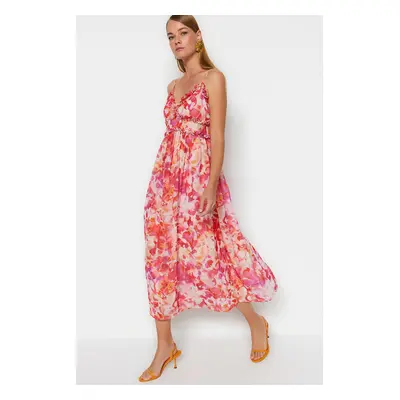 Trendyol Multi Color Floral Print A-Cut Ruffle Detail Lined Chiffon Maxi Woven Dress