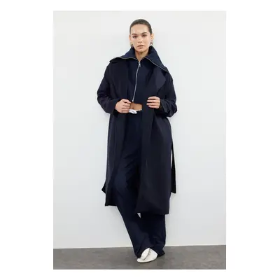 Trendyol Navy Blue Oversized Wool Coat with Removable Knitwear Detail