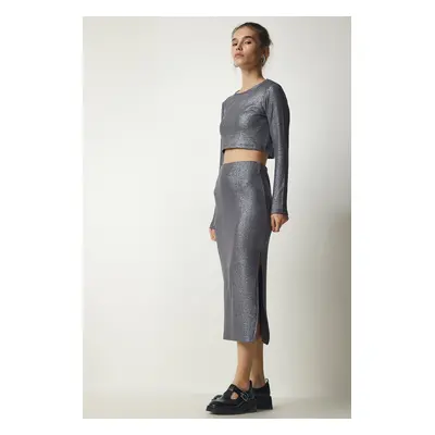 Happiness İstanbul Women's Gray Sparkly Ribbed Crop Skirt Suit