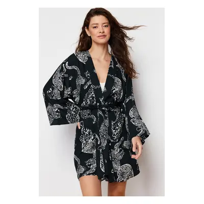 Trendyol Anthracite Belted Animal Patterned Viscose Woven Dressing Gown