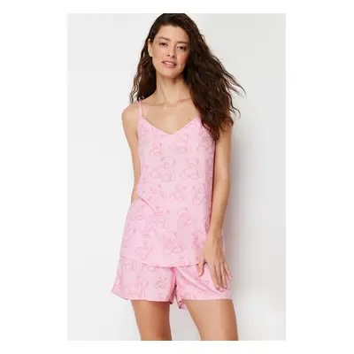 Trendyol Pink Teddy Bear Patterned Rope Strap Viscose Woven Pajama Set