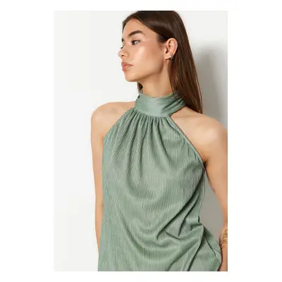 Trendyol Mint High Neck Regular Fit Pleated Knitted Blouse